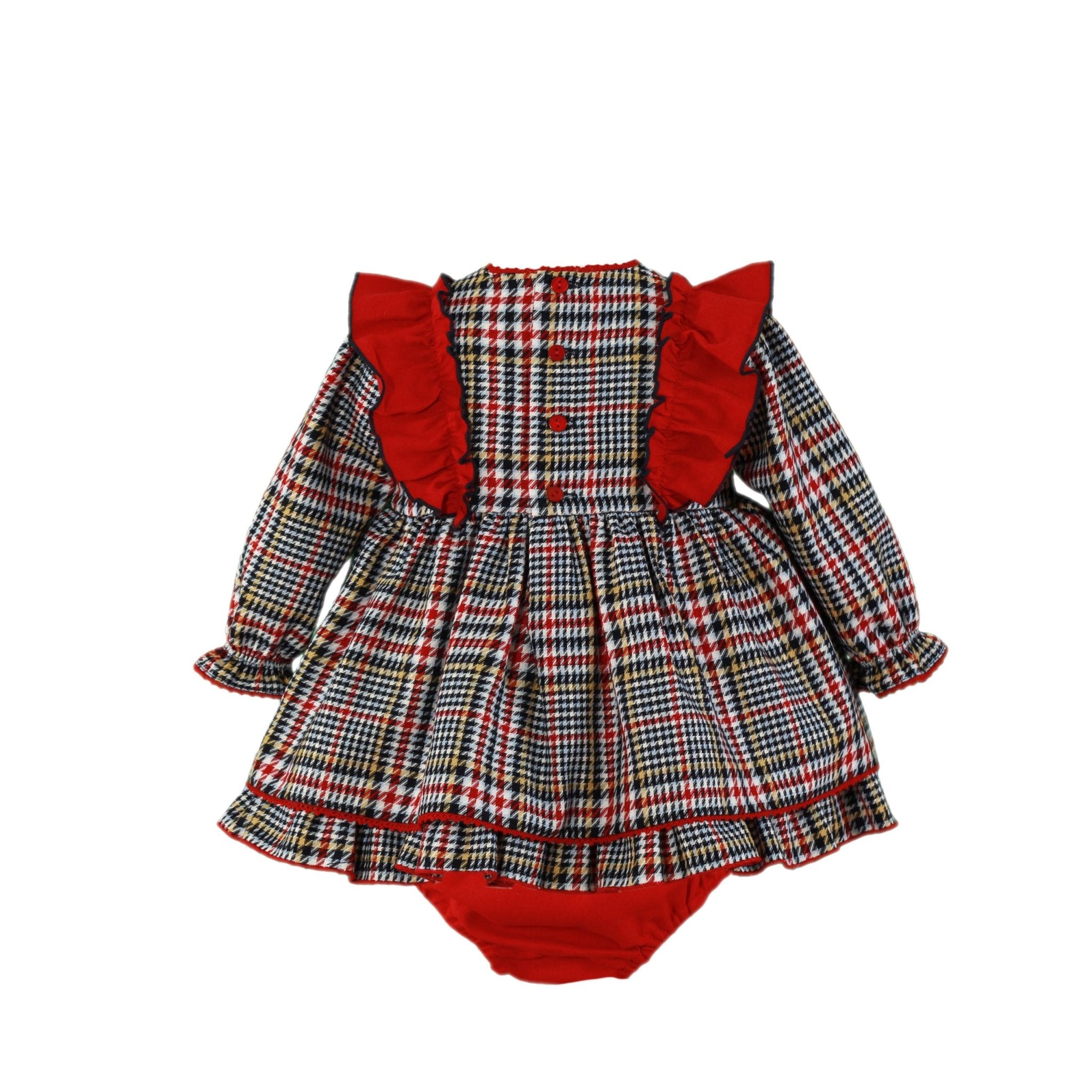 Clearance Sale Miranda - Baby Girl's Red & Navy Checked Dress with Pom Pom Detail