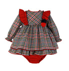 Clearance Sale Miranda - Baby Girl's Red & Navy Checked Dress with Pom Pom Detail