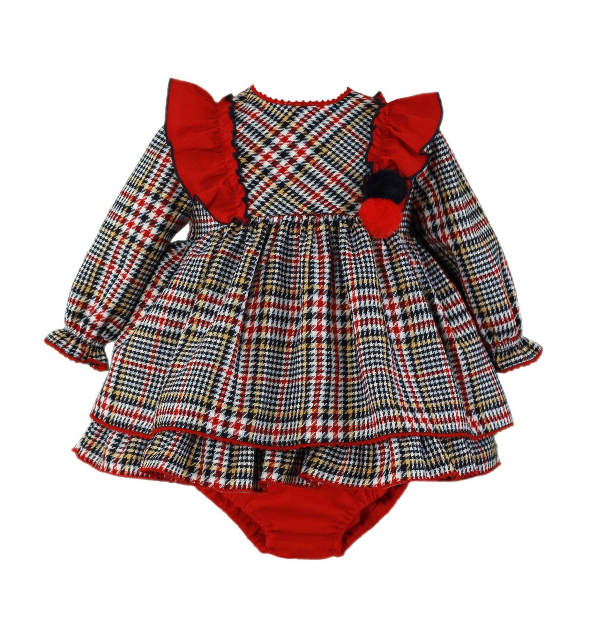 Clearance Sale Miranda - Baby Girl's Red & Navy Checked Dress with Pom Pom Detail