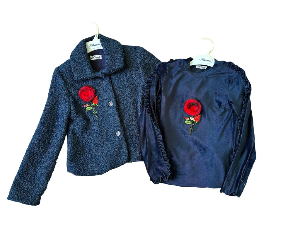 Miranda - Girls Navy Jacket with Matching Top and Red Floral Detail 10yrs - Mariposa Children's Boutique