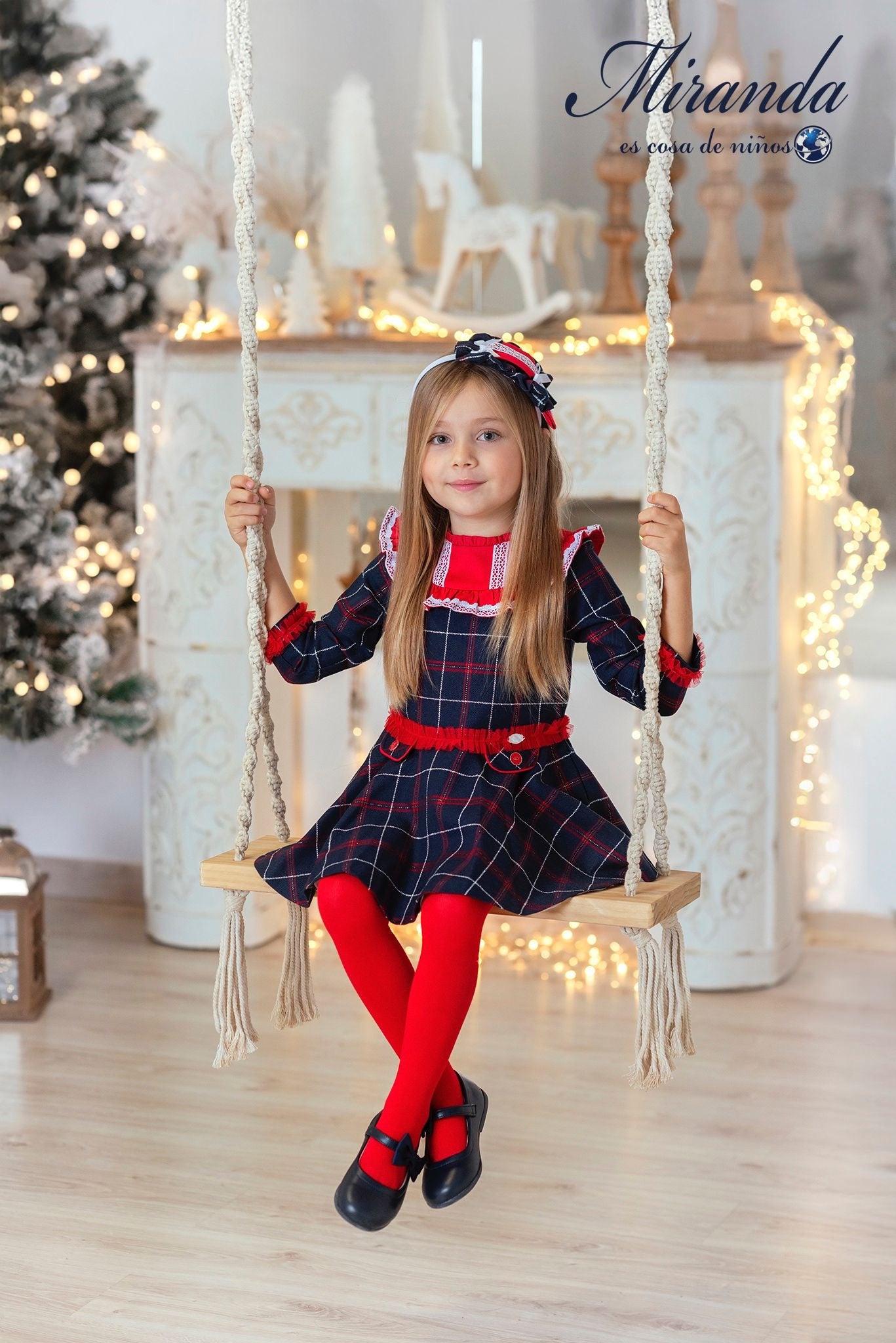 CLEARANCE SALE Miranda - Girls Navy & Red Checked Dress 229V - Mariposa Children's Boutique