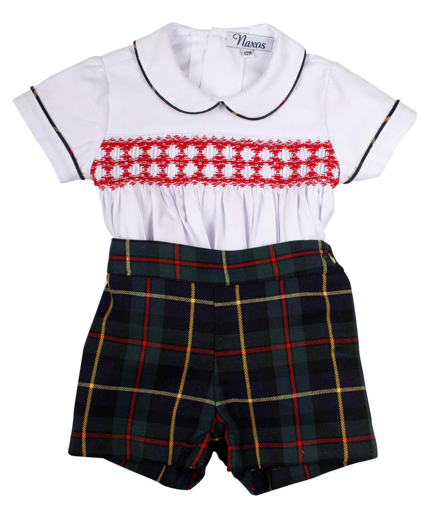 Naxos AW23 - Boys Smocked Tartan Shirt & Shorts Set 7214 - Mariposa Children's Boutique