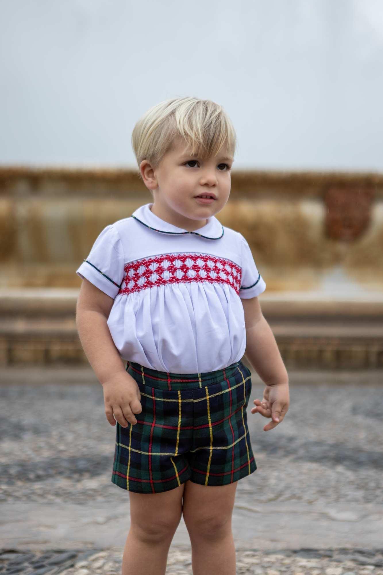 Naxos boys' smocked tartan shirt and shorts set – Spanish designer baby boy outfit