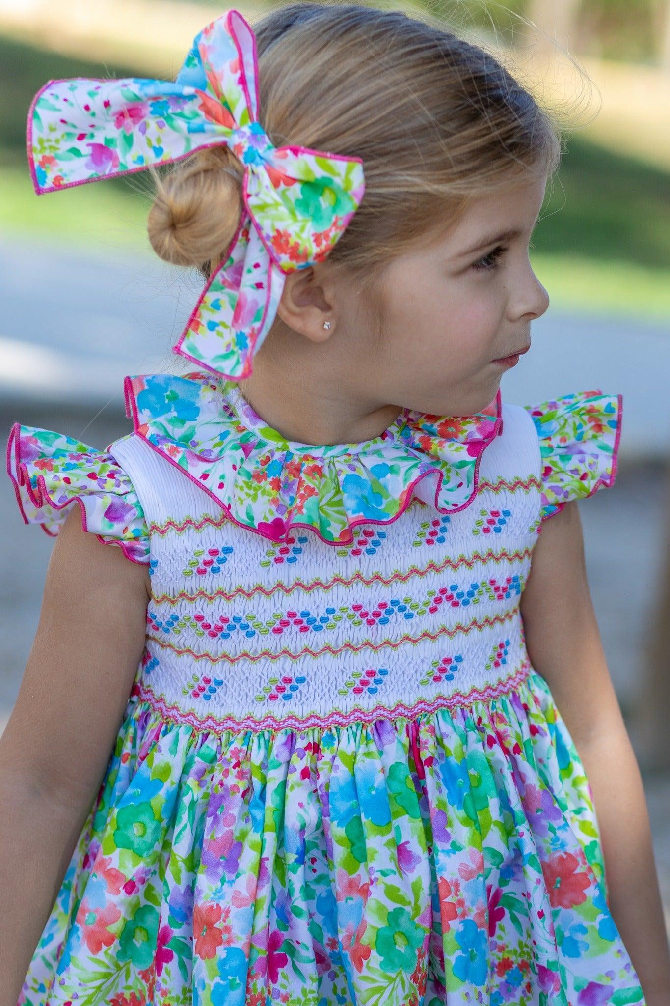 CLEARANCE SALE - NAXOS - Girls Multi Coloured Smock Summer Dress & Headpiece - Mariposa Children's Boutique