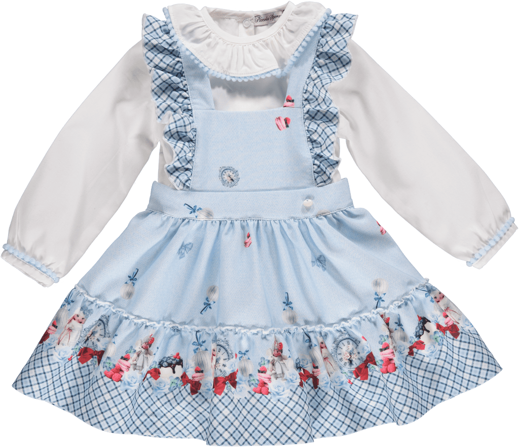 Piccola Speranza AW23 - Girls Blue Doll Pinafore Skirt Set - Mariposa Children's Boutique