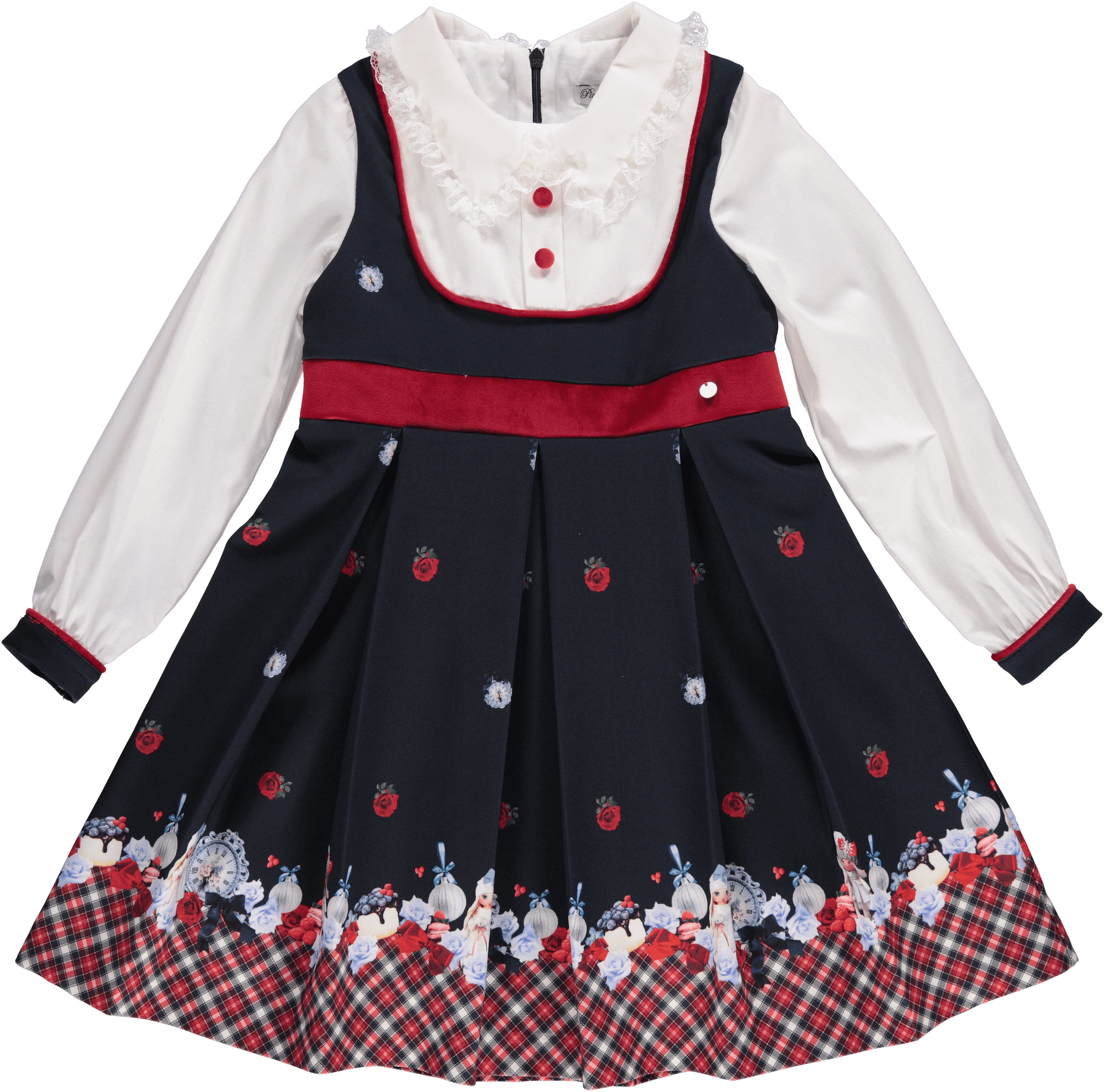 Piccola Speranza AW23 - Girls Navy & Red Winter Doll Dress - Mariposa Children's Boutique