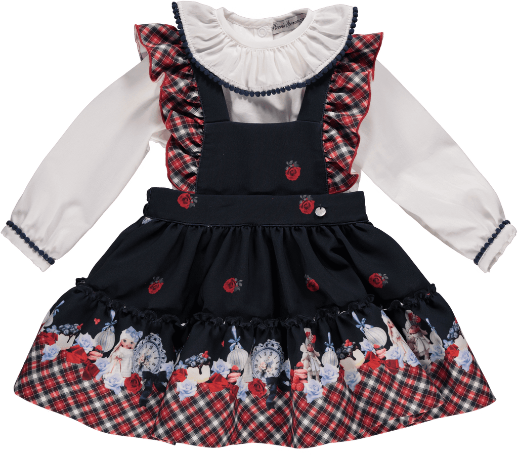 Piccola Speranza AW23 - Girls Navy & Red Winter Doll Pinafore Dress & Blouse Set - Mariposa Children's Boutique