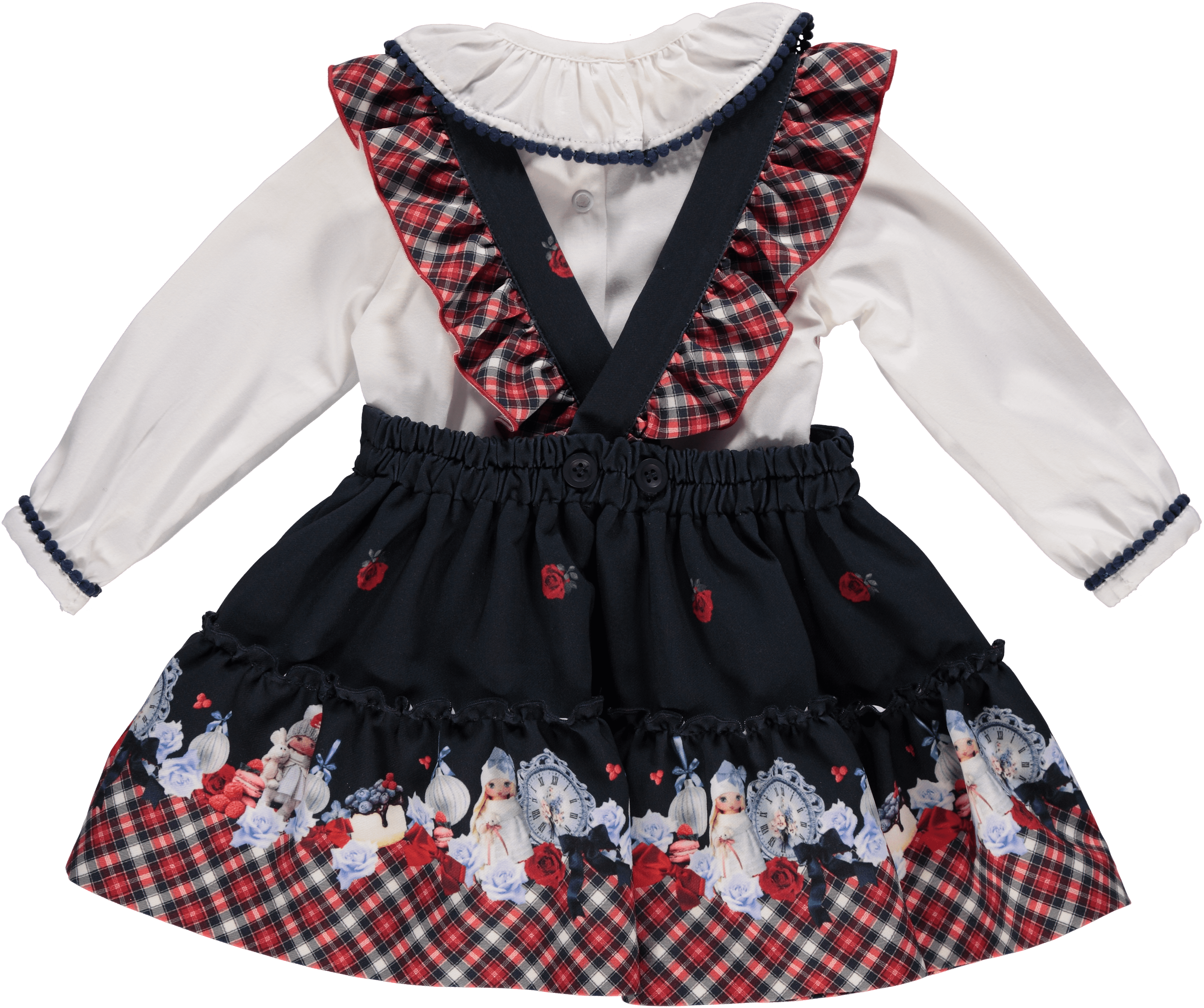 Piccola Speranza AW23 - Girls Navy & Red Winter Doll Pinafore Dress & Blouse Set - Mariposa Children's Boutique