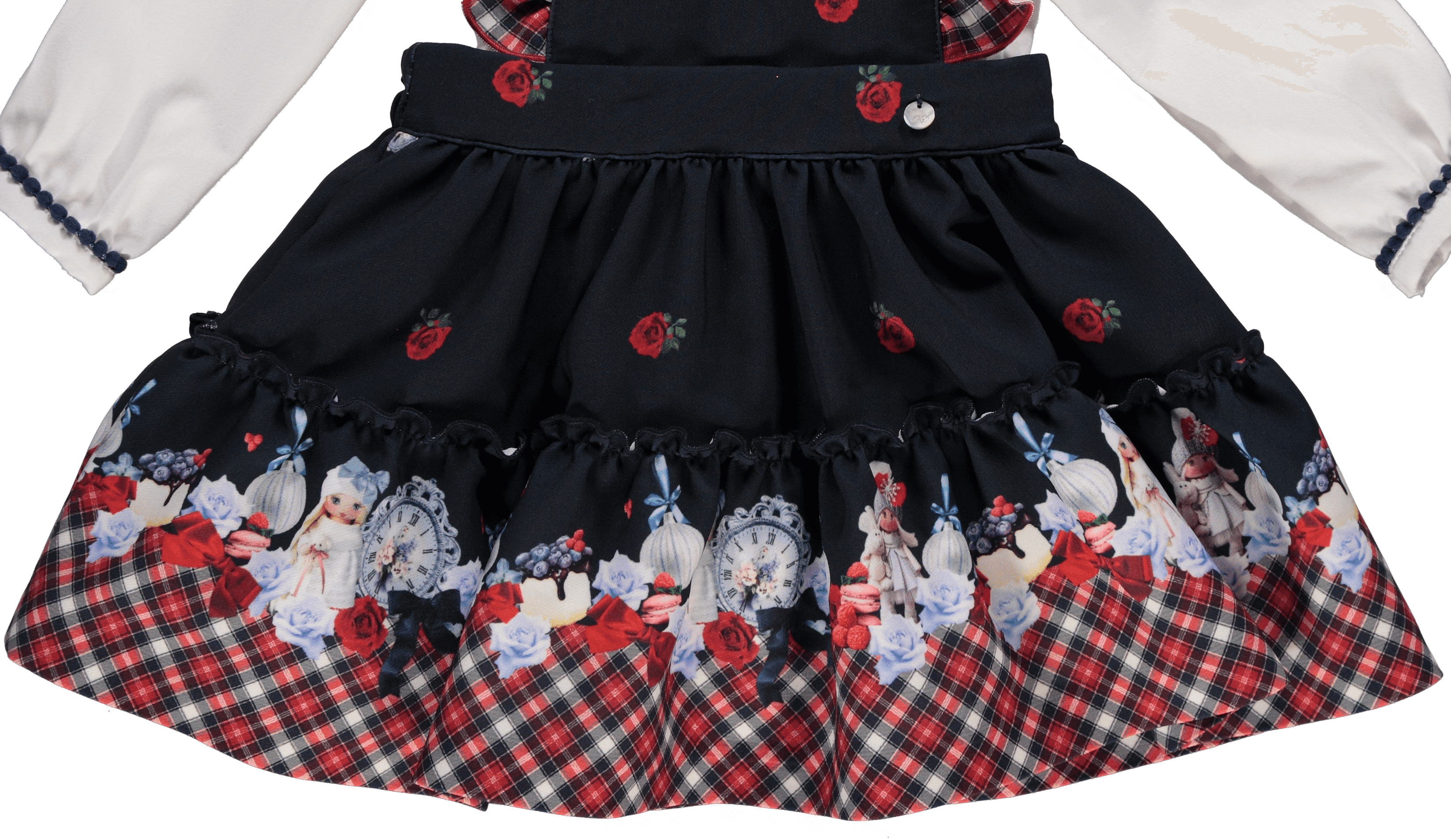 Piccola Speranza AW23 - Girls Navy & Red Winter Doll Pinafore Dress & Blouse Set - Mariposa Children's Boutique