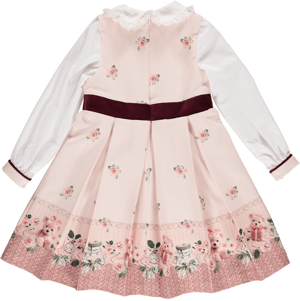 Piccola Speranza AW23 - Girls Pink & Burgundy Rose & Bear Dress - Mariposa Children's Boutique