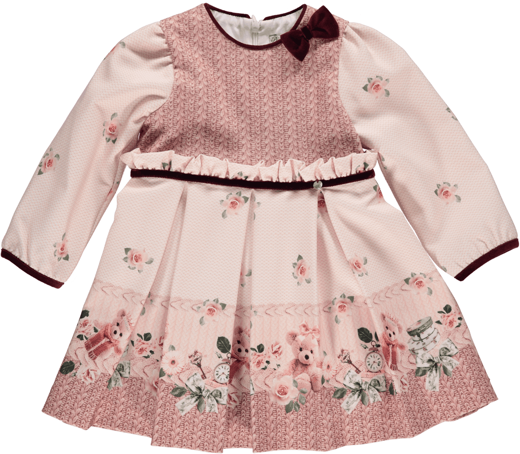 Piccola Speranza AW23 - Girls Pink Roses & Bear Dress - Mariposa Children's Boutique