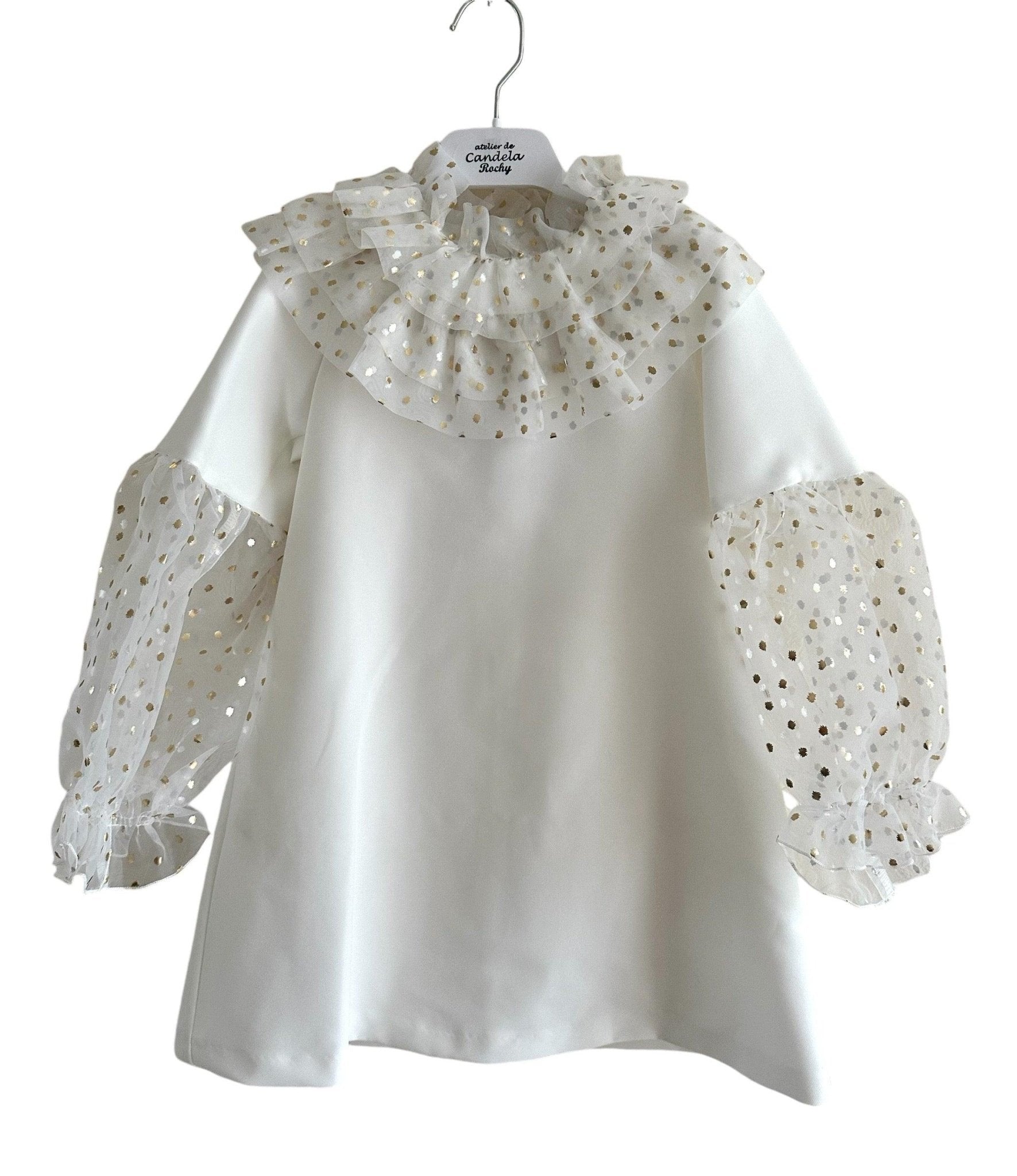 CLEARANCE SALE Rochy - Girls Cream and Gold Glitter Tulle A - Line Dress & Headpiece - Mariposa Children's Boutique