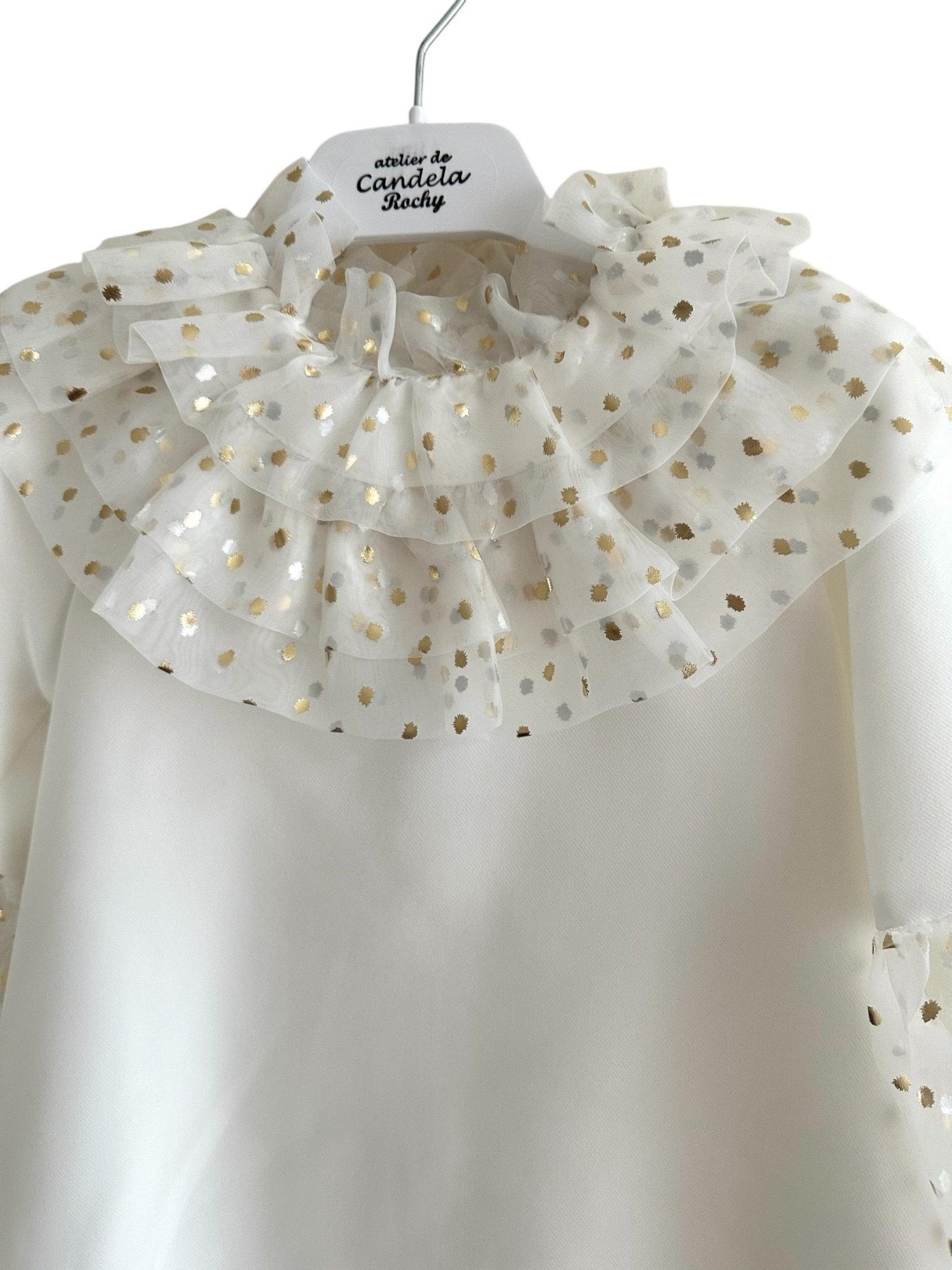CLEARANCE SALE Rochy - Girls Cream and Gold Glitter Tulle A - Line Dress & Headpiece - Mariposa Children's Boutique