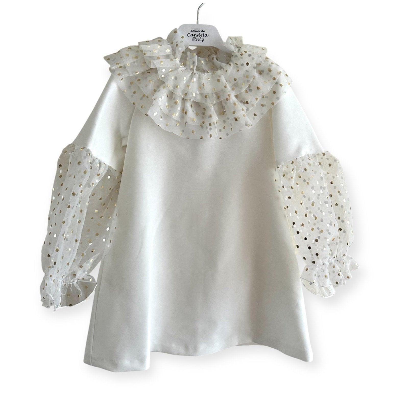 CLEARANCE SALE Rochy - Girls Cream and Gold Glitter Tulle A - Line Dress & Headpiece - Mariposa Children's Boutique