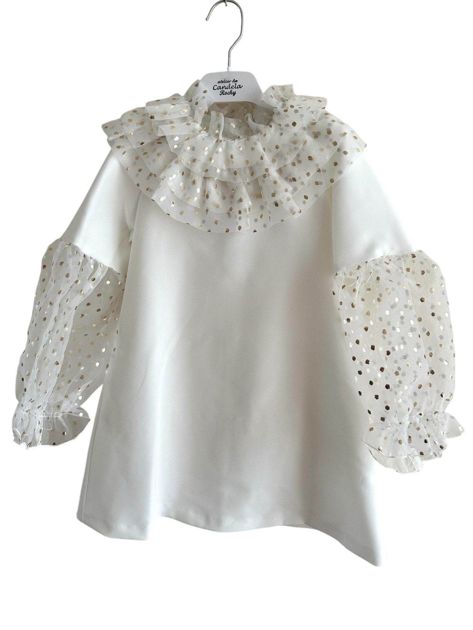 CLEARANCE SALE Rochy - Girls Cream and Gold Glitter Tulle A - Line Dress & Headpiece - Mariposa Children's Boutique