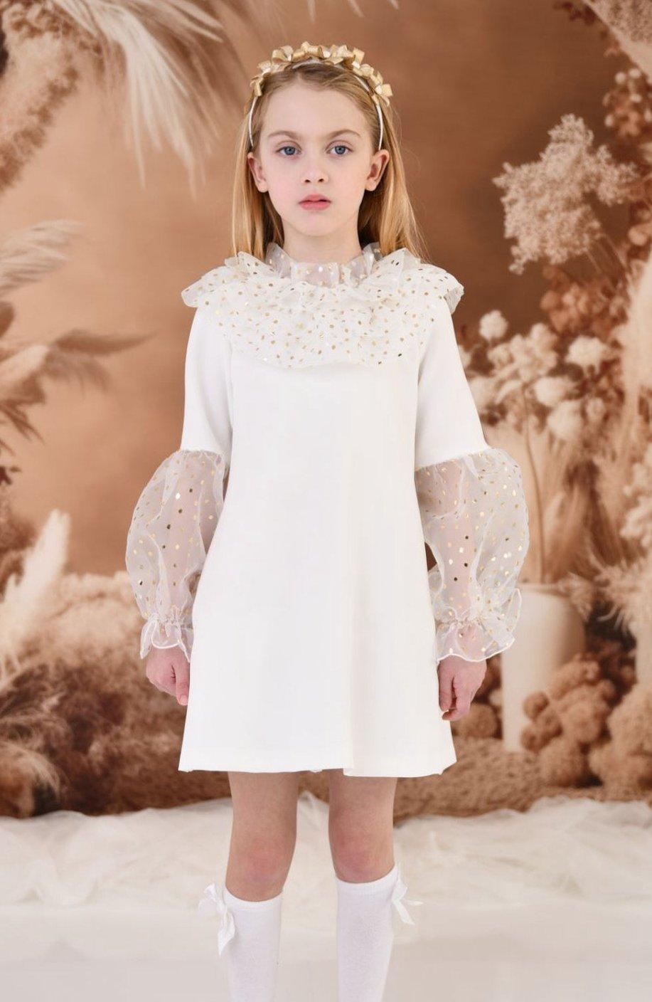 CLEARANCE SALE Rochy - Girls Cream and Gold Glitter Tulle A - Line Dress & Headpiece - Mariposa Children's Boutique