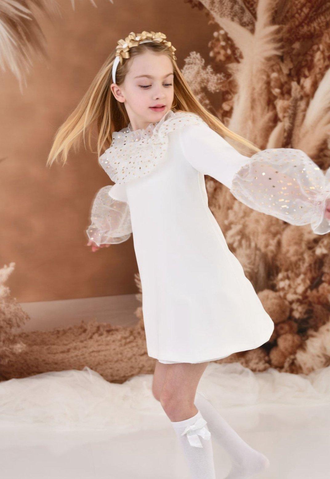 CLEARANCE SALE Rochy - Girls Cream and Gold Glitter Tulle A - Line Dress & Headpiece - Mariposa Children's Boutique