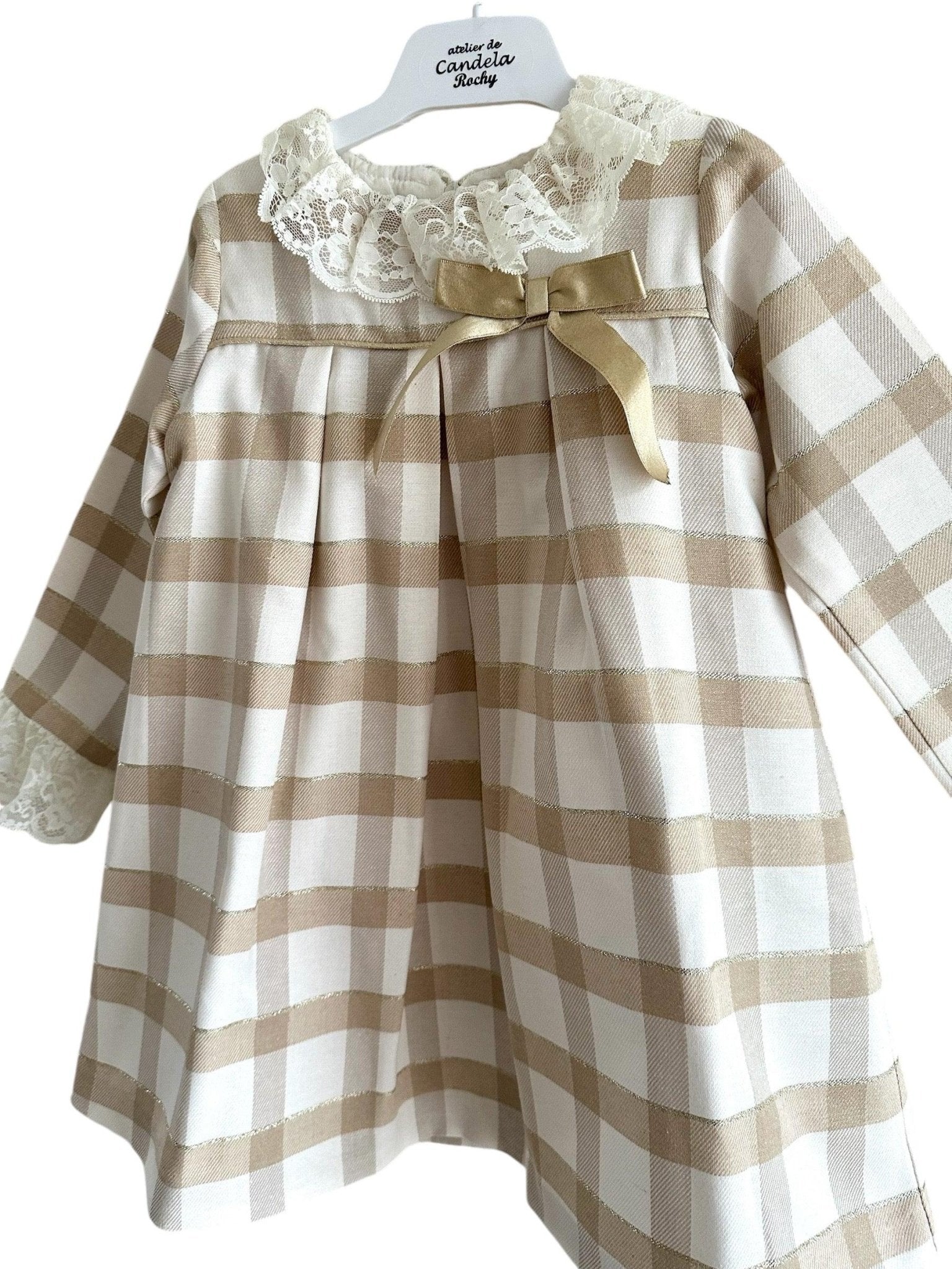 CLEARANCE SALE Rochy - Girls Gold Glitter, Camel and Cream Dress - Mariposa Children's Boutique