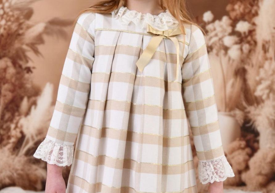 CLEARANCE SALE Rochy - Girls Gold Glitter, Camel and Cream Dress - Mariposa Children's Boutique