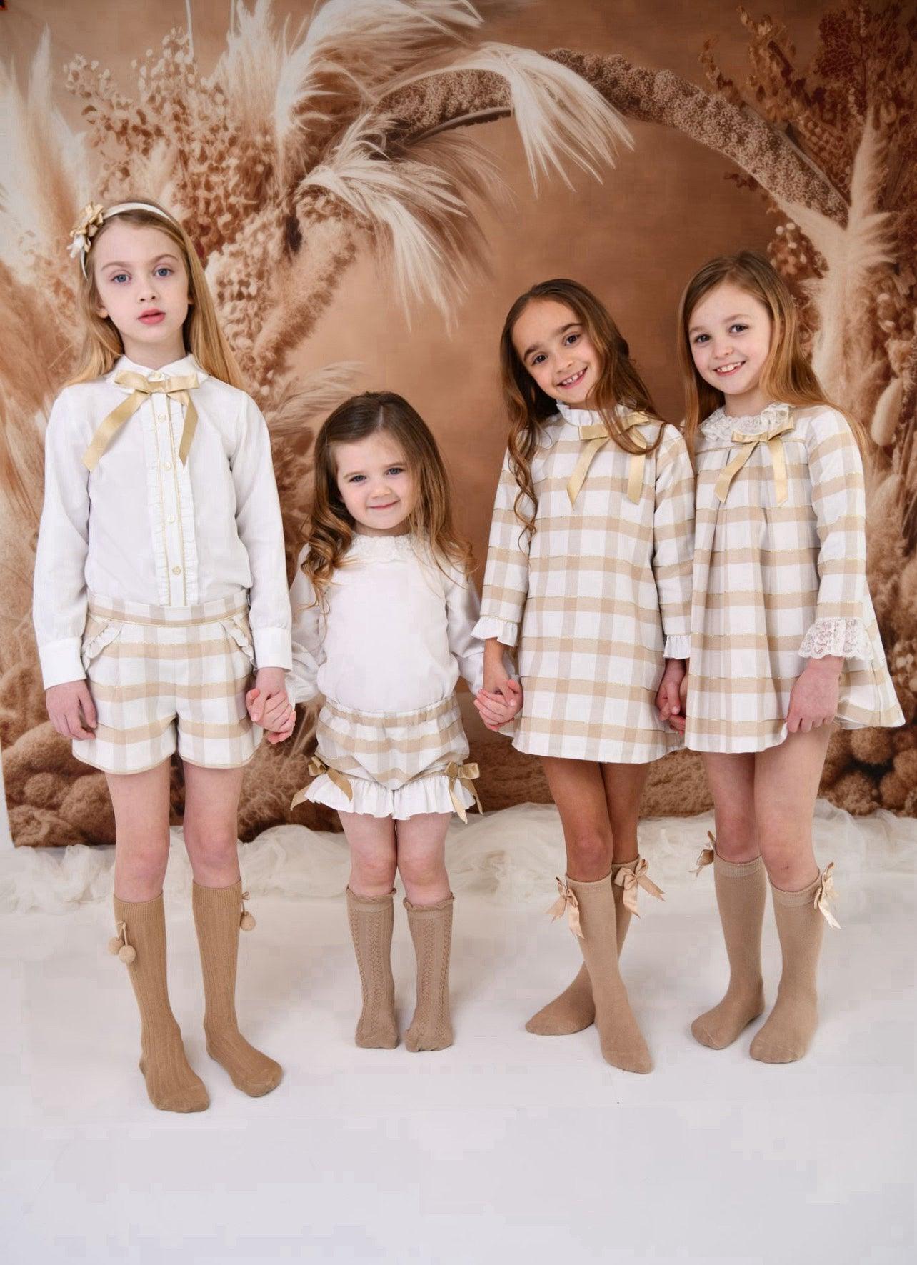 CLEARANCE SALE Rochy - Girls Gold Glitter, Camel and Cream Shorts & Blouse Set - Mariposa Children's Boutique