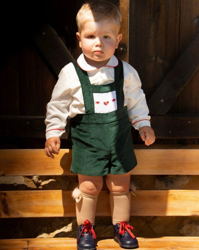 Sonata Infantil - Baby Boys Green Velvet Short Dungaree & Shirt Set with Smocking Detail and Matching Pom Pom Beret 6m - Mariposa Children's Boutique