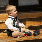 Sonata Infantil - Baby Boys Green Velvet Short Dungaree & Shirt Set with Smocking Detail and Matching Pom Pom Beret 6m - Mariposa Children's Boutique