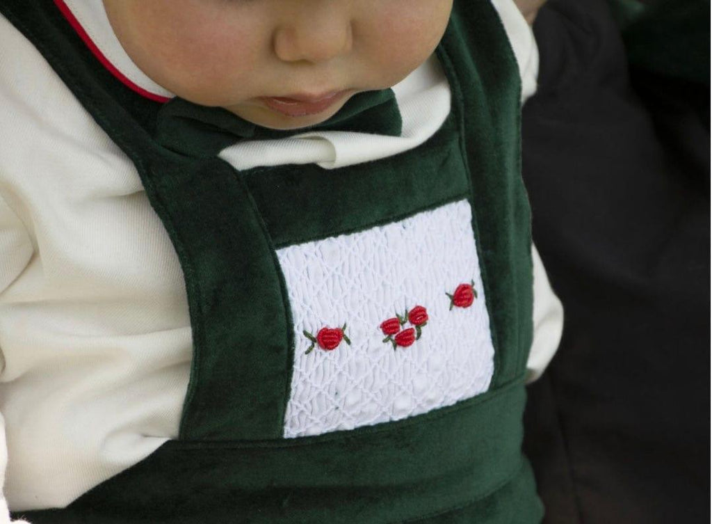 Sonata Infantil - Baby Boys Green Velvet Short Dungaree & Shirt Set with Smocking Detail and Matching Pom Pom Beret 6m - Mariposa Children's Boutique