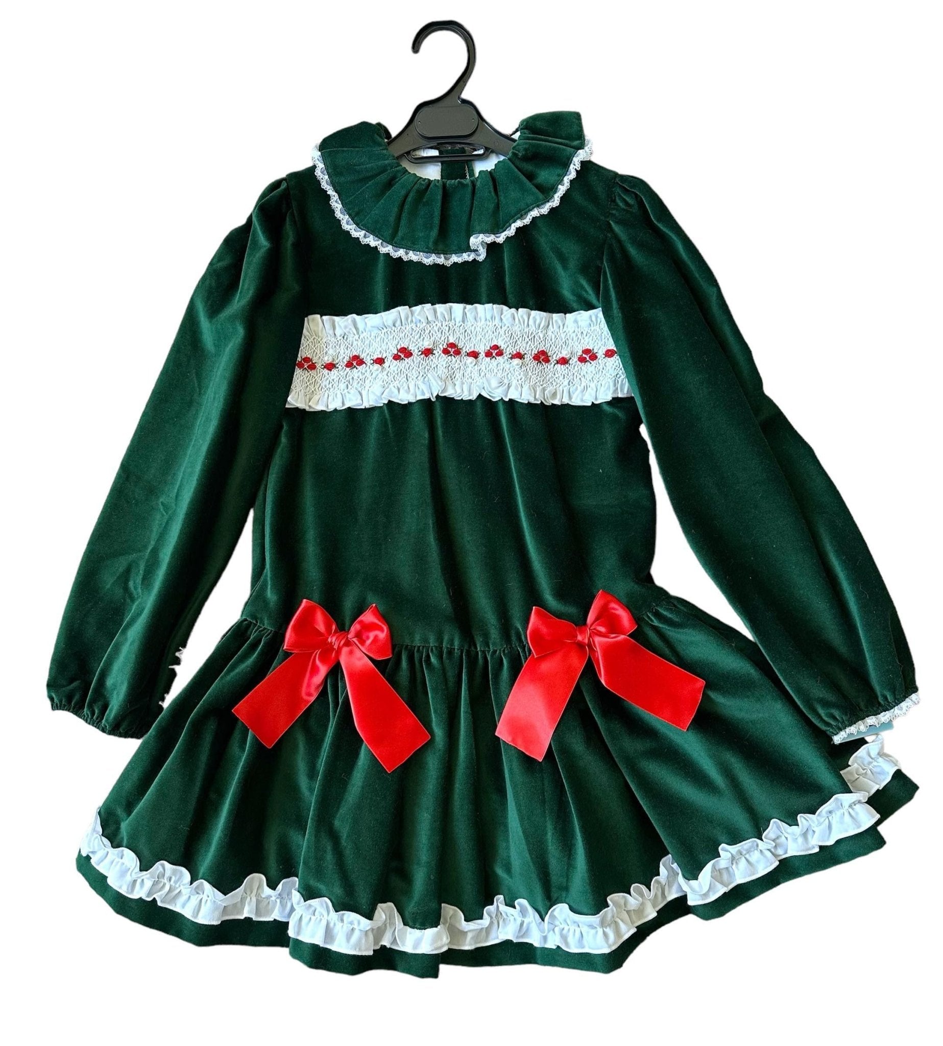 Sonata Infantil - Girls Green Velvet Smocked Front Drop Waist Velvet Dress 10yr - Mariposa Children's Boutique
