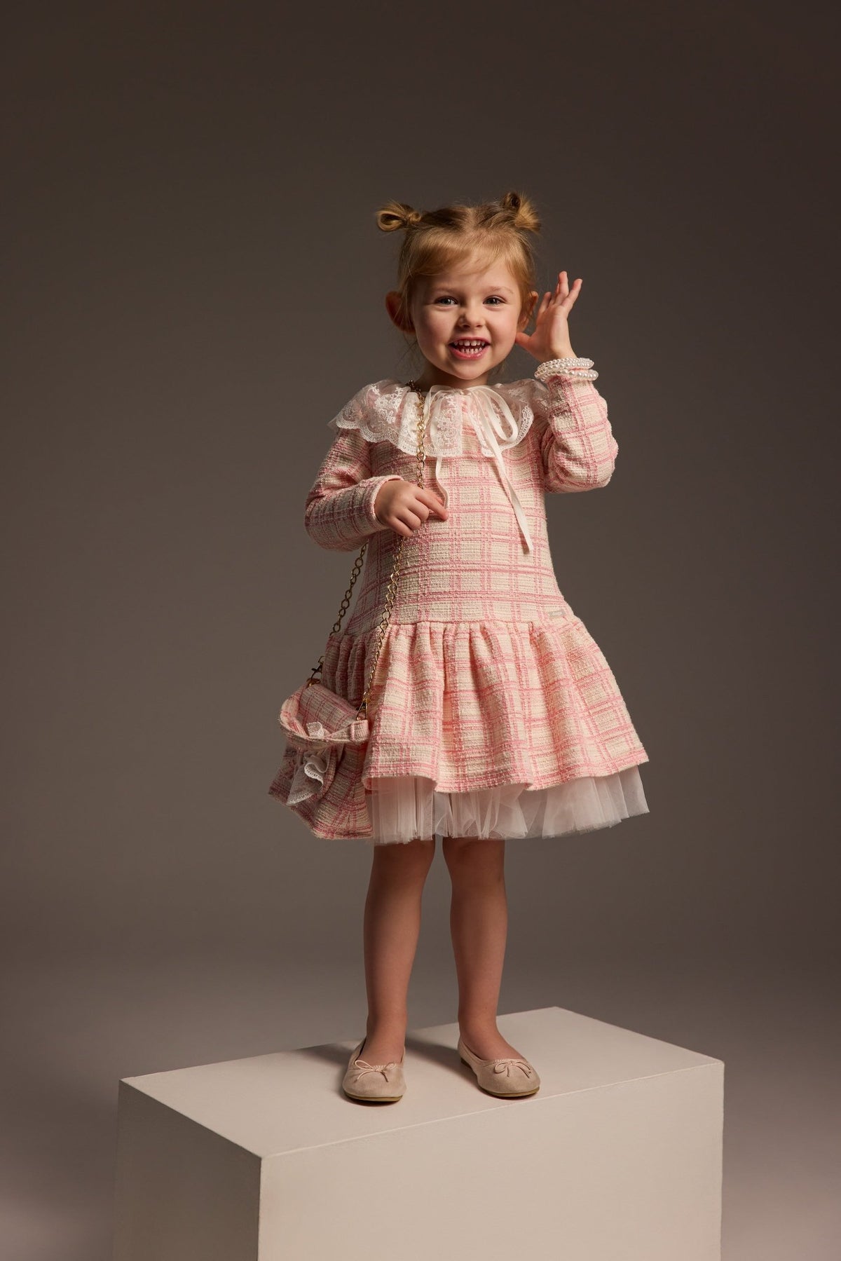 DAGA Girls Pink Tweed-Style Lace Collar Dress | AW26 Age 3-6