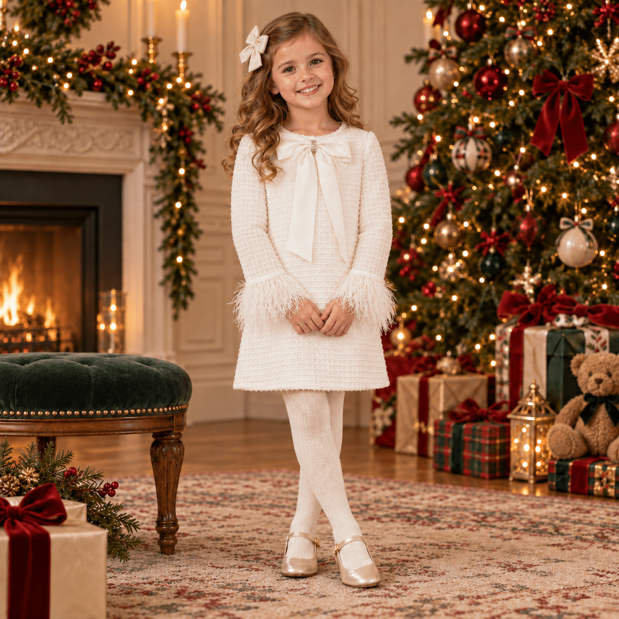 Girls DAGA Ivory Feather detail dress worn by a young girl in a christmas theme decorated living room. 