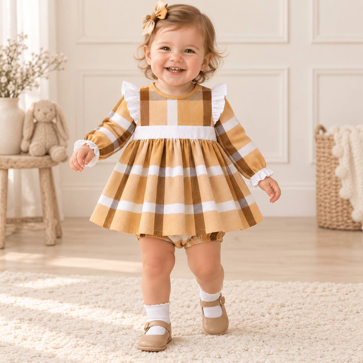 DBB Baby Girls Mustard Check First Birthday Outfit 12M| Clearance Sale
