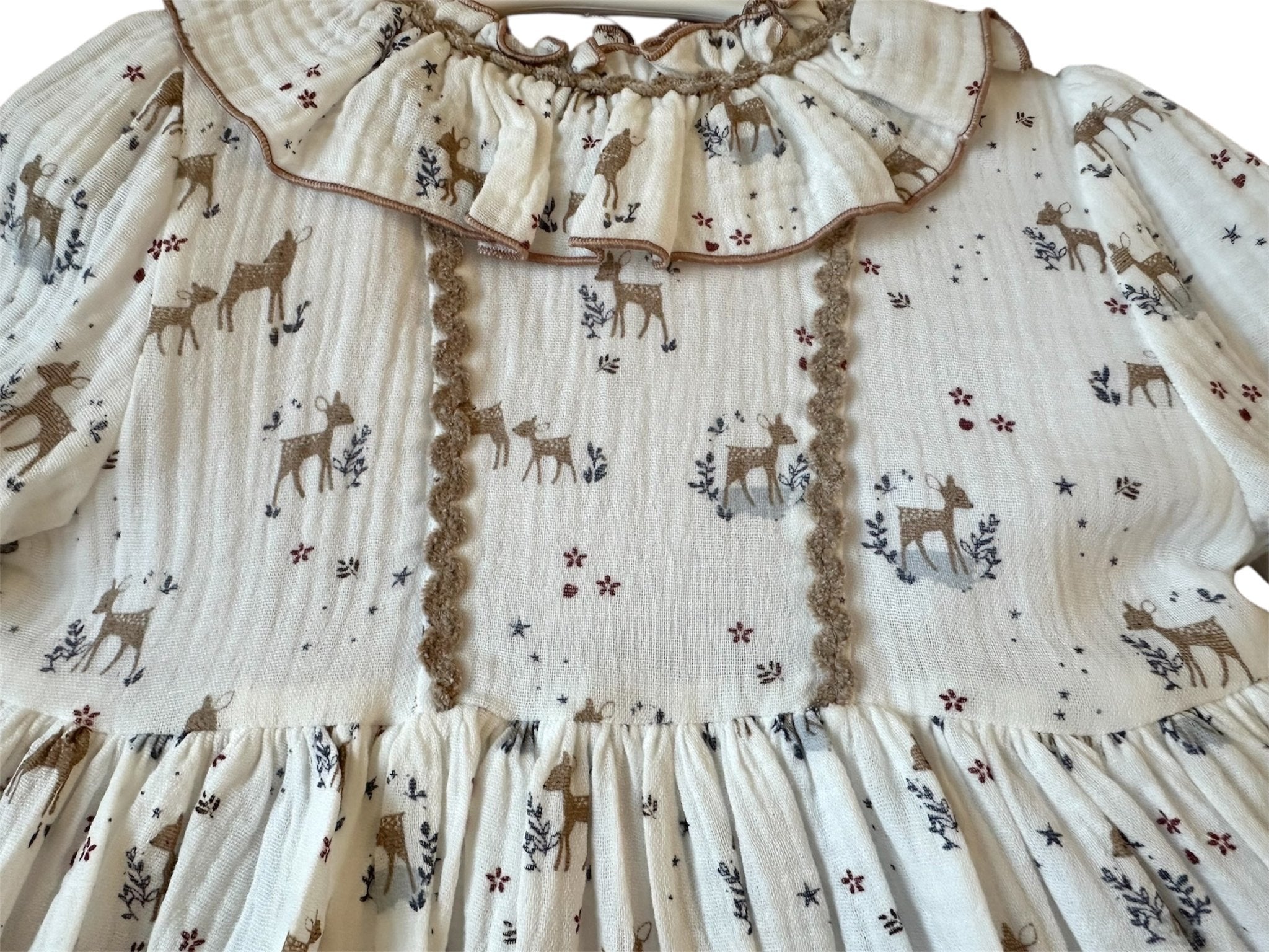 DBB Collection AW25 PRE - ORDER - Girls Deer Print White & Camel Dress