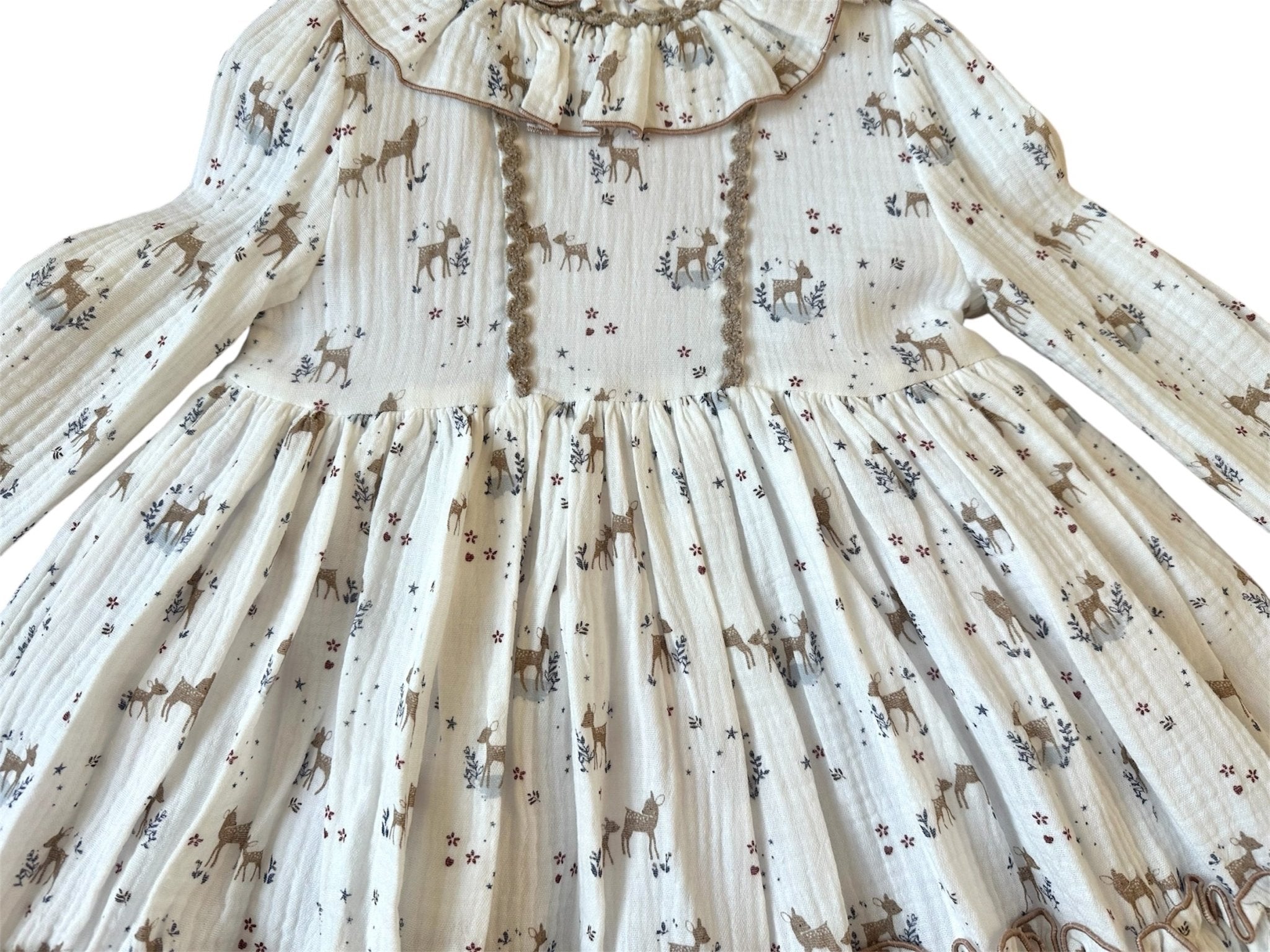 DBB Collection AW25 PRE - ORDER - Girls Deer Print White & Camel Dress