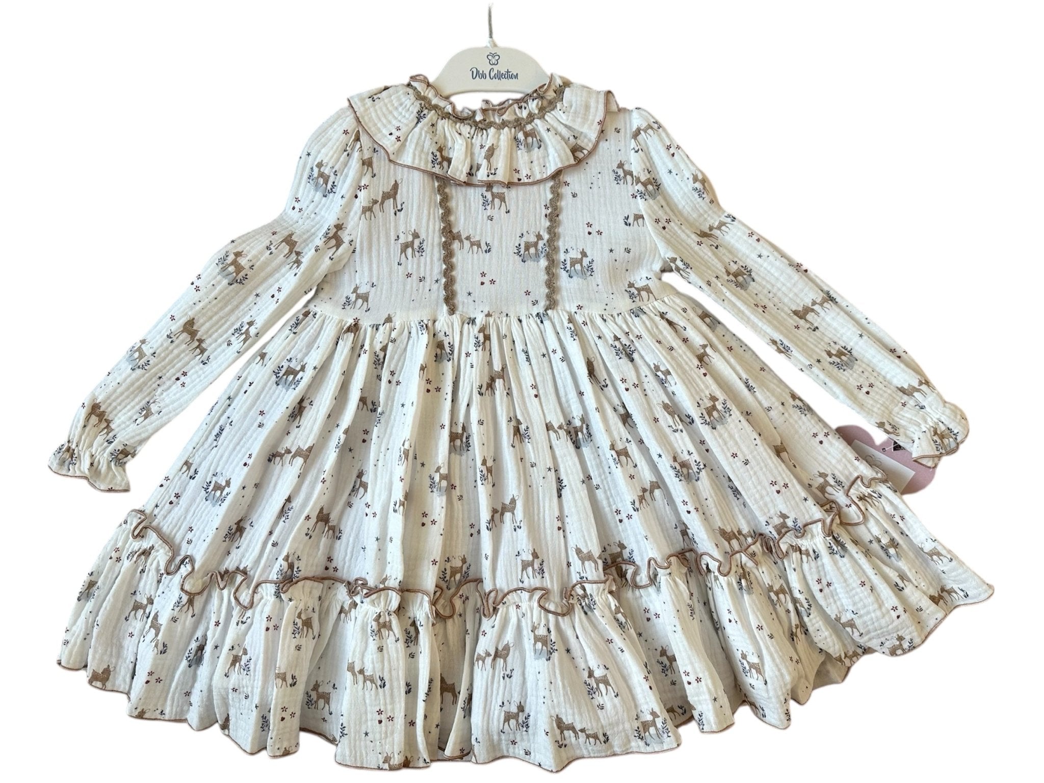DBB Collection AW25 PRE - ORDER - Girls Deer Print White & Camel Dress