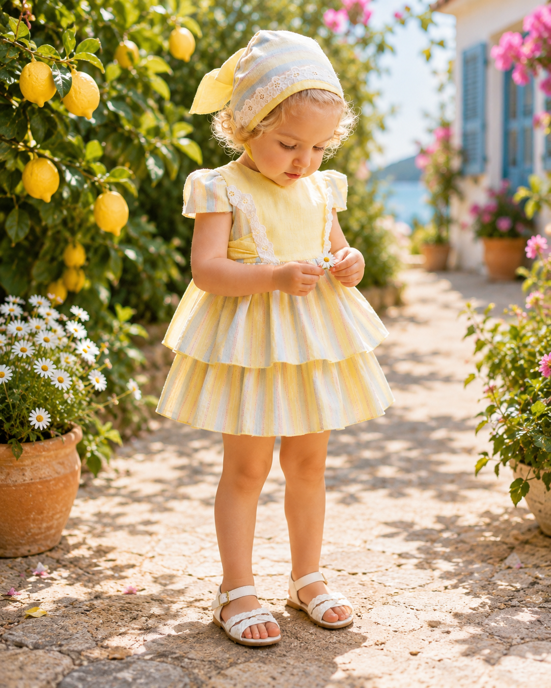 DBB Collection Baby Girls Lemon Stripe Dress, Knickers & Bonnet Set | SS26