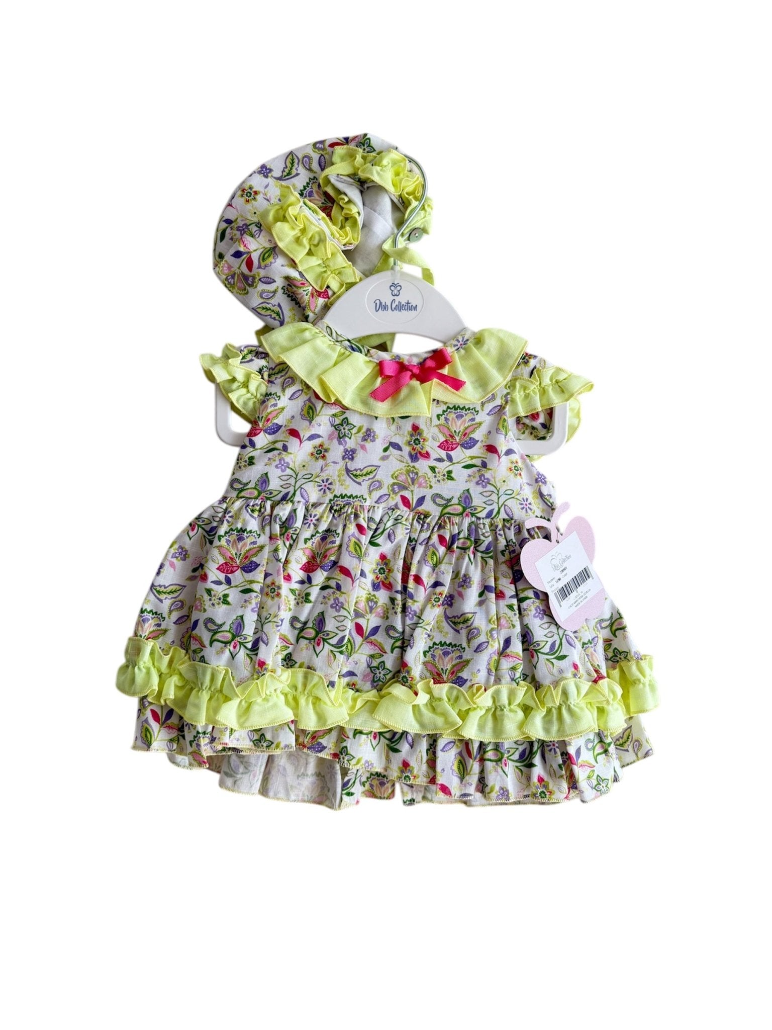 DBB Collection Baby Girls Lime Multicolour Dress, Knickers & Bonnet Set | SS26