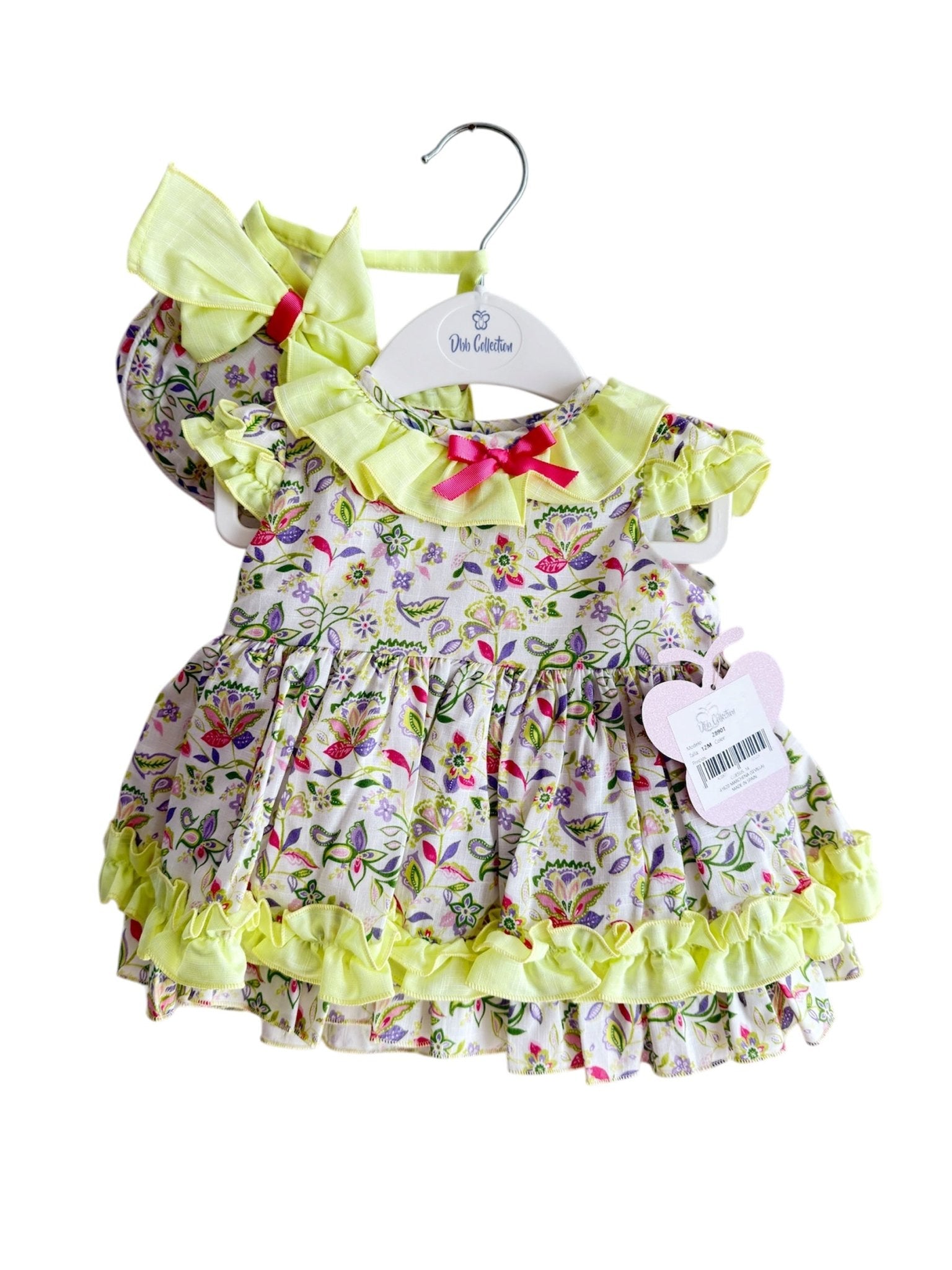 DBB Collection Baby Girls Lime Multicolour Dress, Knickers & Bonnet Set | SS26