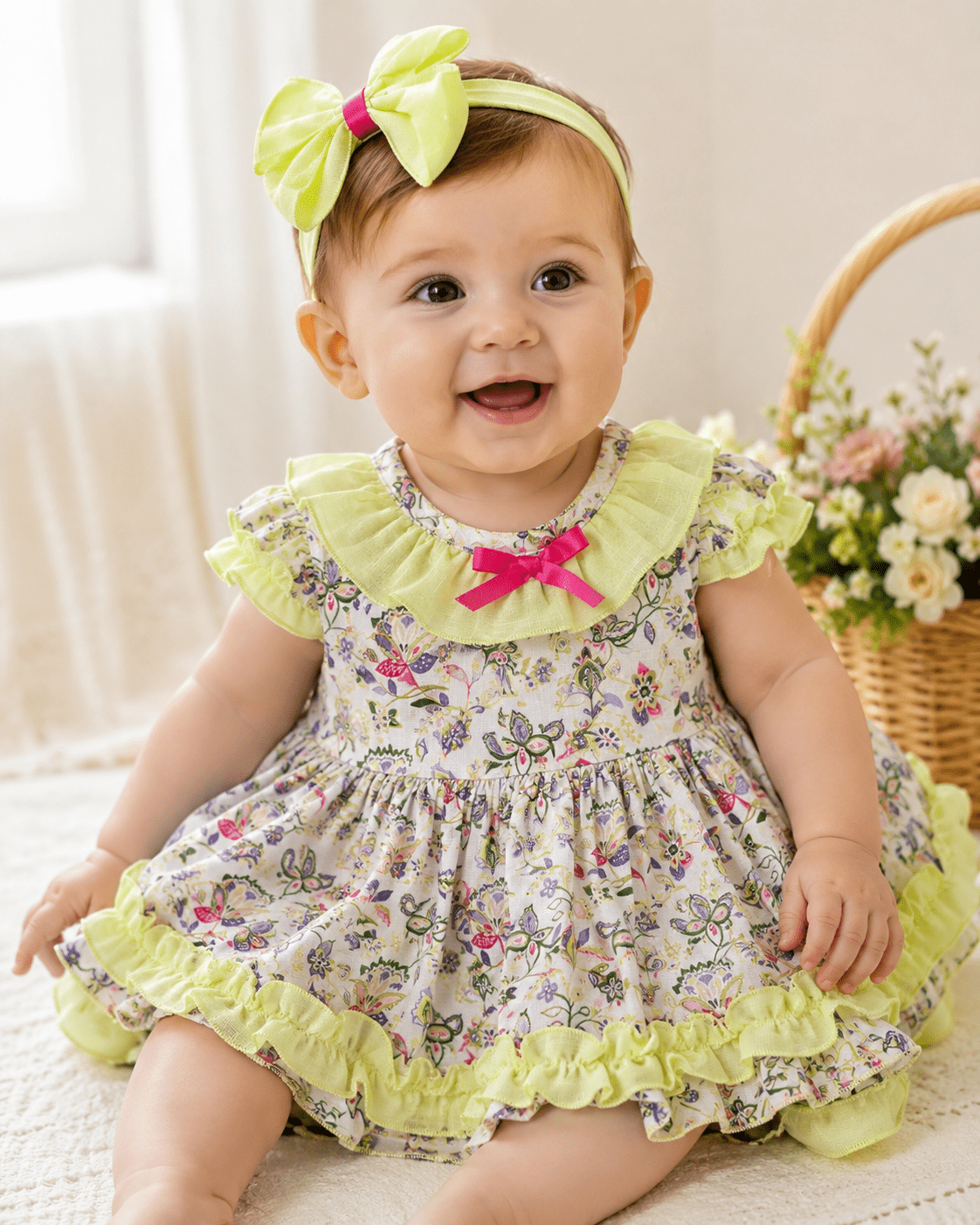 DBB Collection Baby Girls Lime Multicolour Dress, Knickers & Bonnet Set | SS26