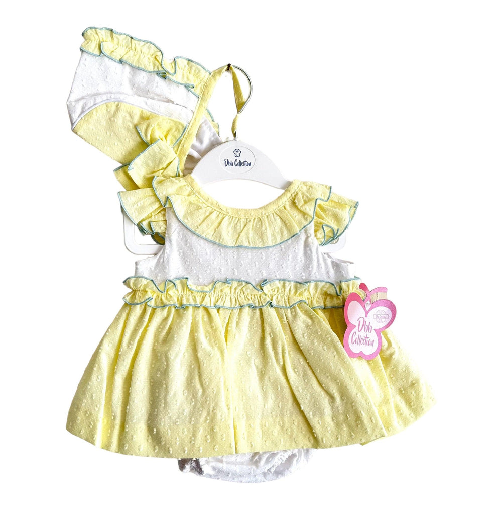 DBB Collection SS24 - Baby Girls Yellow & White Dress, Knickers & Bonnet - Mariposa Children's Boutique