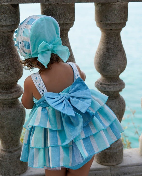 Baby girls Spanish outfit blue striped dress with bonnet DBB Collection