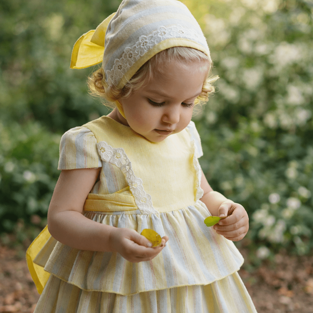 DBB baby girls dress set lemon striped dress with bonnet Spanish wear