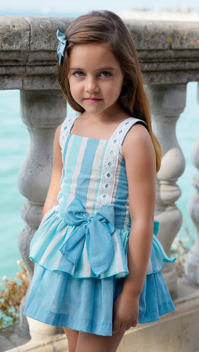 DBB girls blue cream stripe Spanish dress drop waist bow detail
