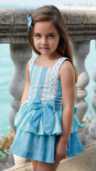 DBB girls blue cream stripe Spanish dress drop waist bow detail