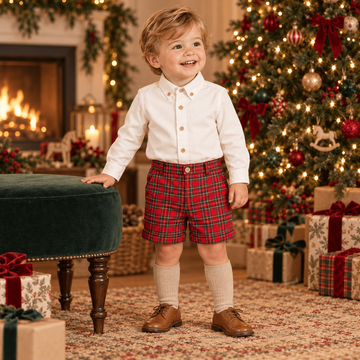 Boys Debesos Christmas Outfit long sleeved cream shirt with matching red tartan print shorts. 