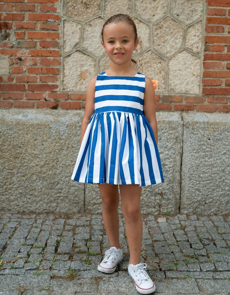 El Copo Lililu SS24 - Girls Blue Stripe Dress with Neon Orange Detail - Mariposa Children's Boutique