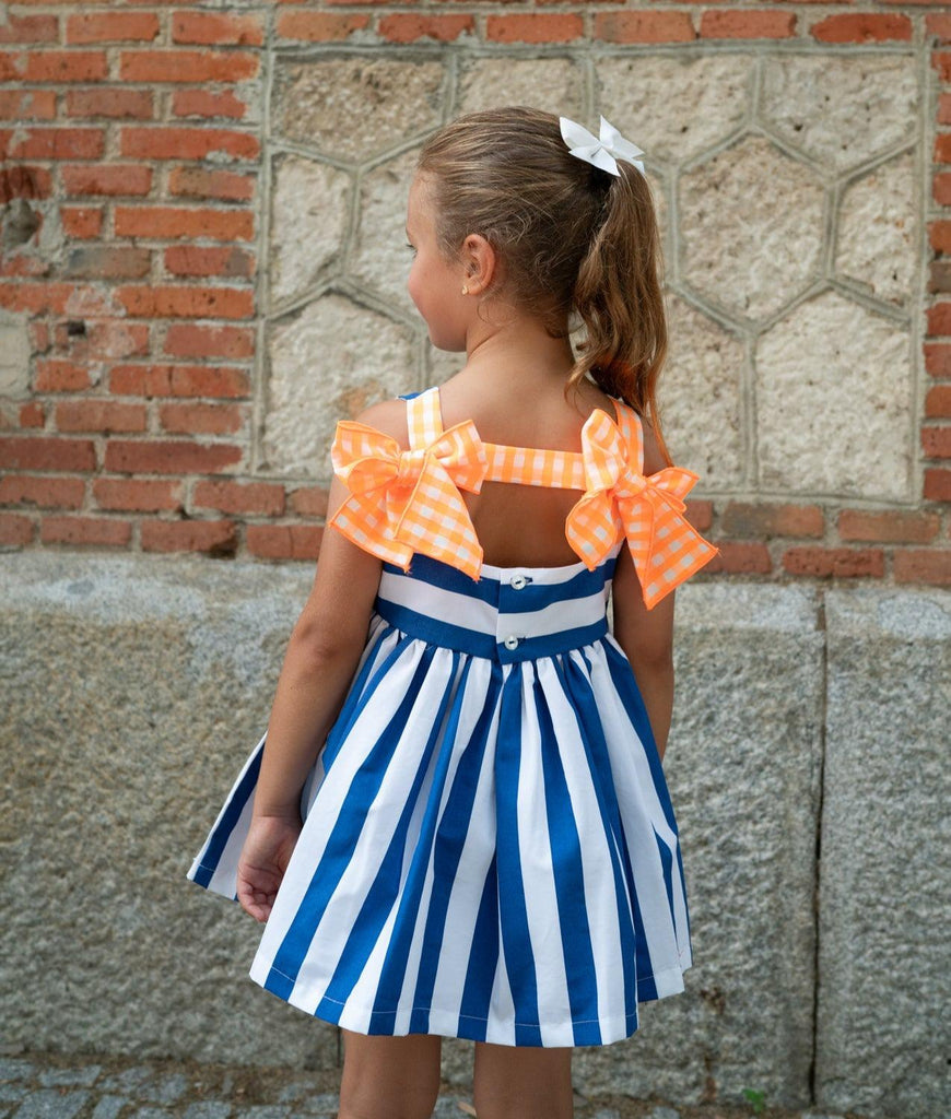 El Copo Lililu SS24 - Girls Blue Stripe Dress with Neon Orange Detail - Mariposa Children's Boutique