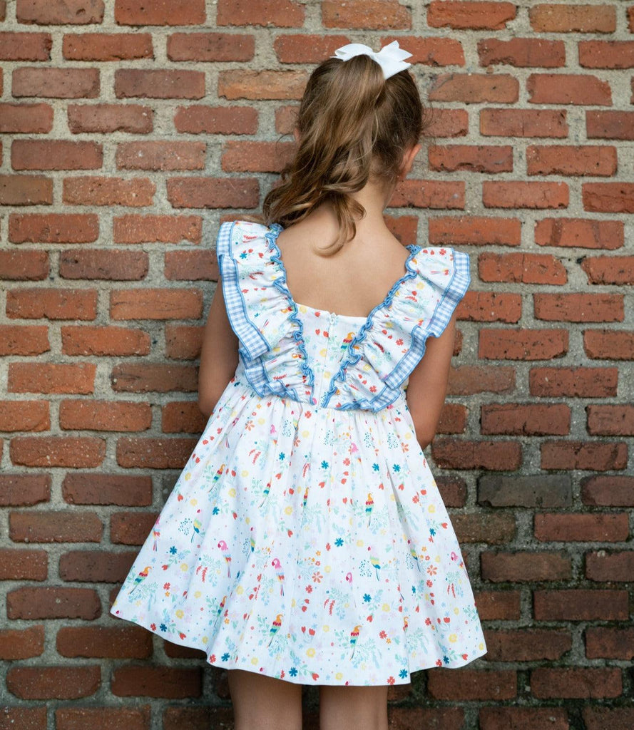 El Copo Lililu SS24 - Girls Multi Colour Parrot Print Dress - Mariposa Children's Boutique