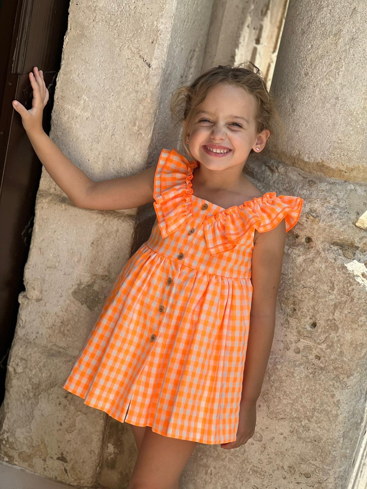 El Copo Lililu SS24 - Girls Neon Orange Check Summer Dress - Mariposa Children's Boutique