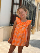 El Copo Lililu SS24 - Girls Neon Orange Check Summer Dress - Mariposa Children's Boutique