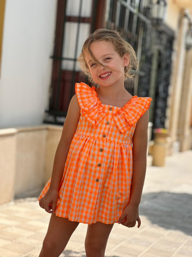 El Copo Lililu SS24 - Girls Neon Orange Check Summer Dress - Mariposa Children's Boutique